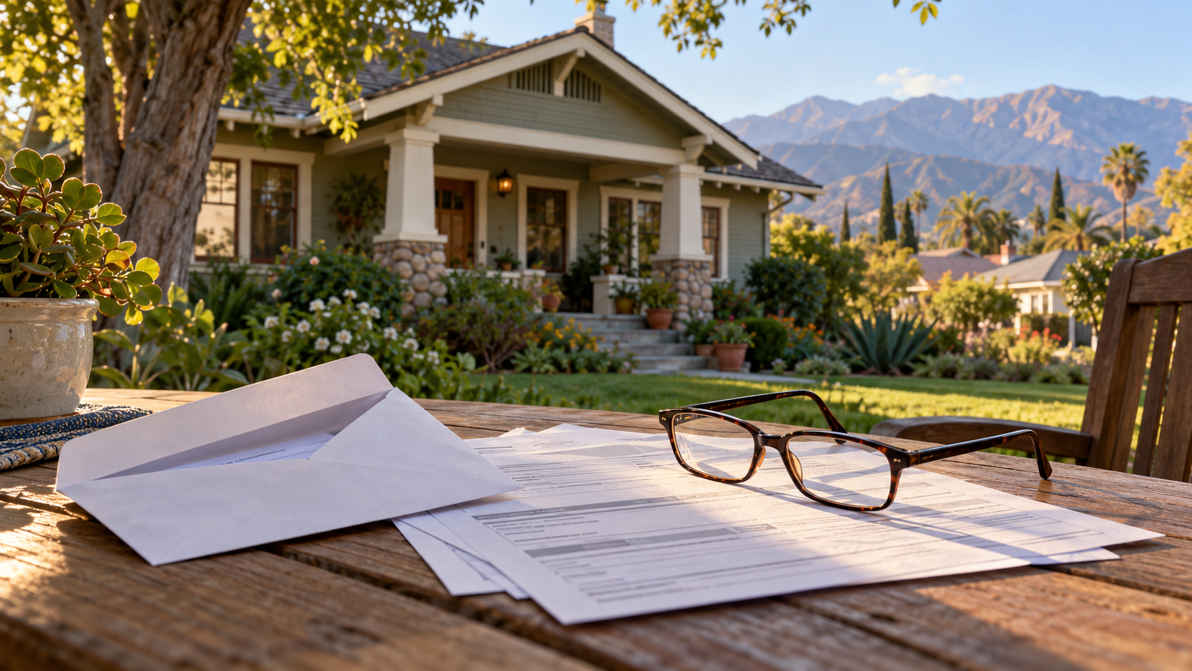 A tax notice envelope and IRS letters on a backyard table outside a craftsman home