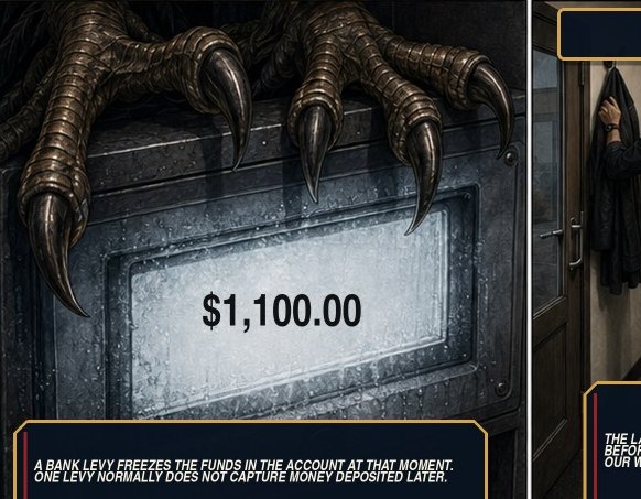 Comic panel: vulture talons clamped over a frozen bank vault door showing a balance of $1,100.00