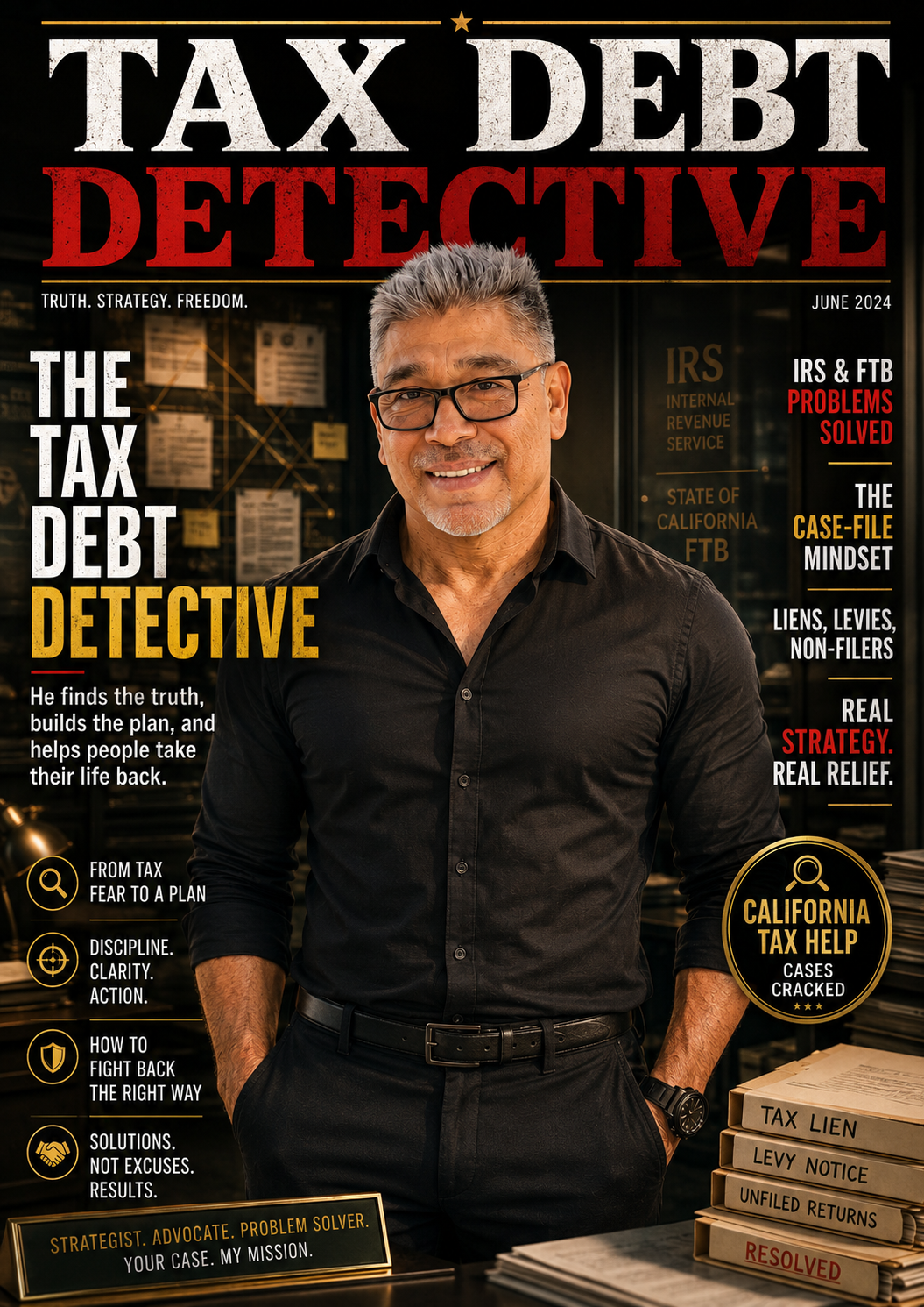 Carlos Samaniego, EA, The Tax Debt Detective, on the cover of Tax Debt Detective magazine