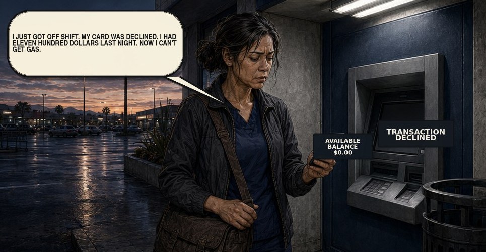 Comic panel: Denise stands at a bank ATM at dusk holding her phone, the screen showing an available balance of zero dollars and a transaction declined message