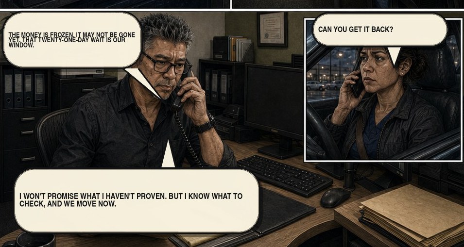 Comic panel: Carlos Samaniego on the office phone telling Denise the money is frozen and the twenty-one day wait is their window