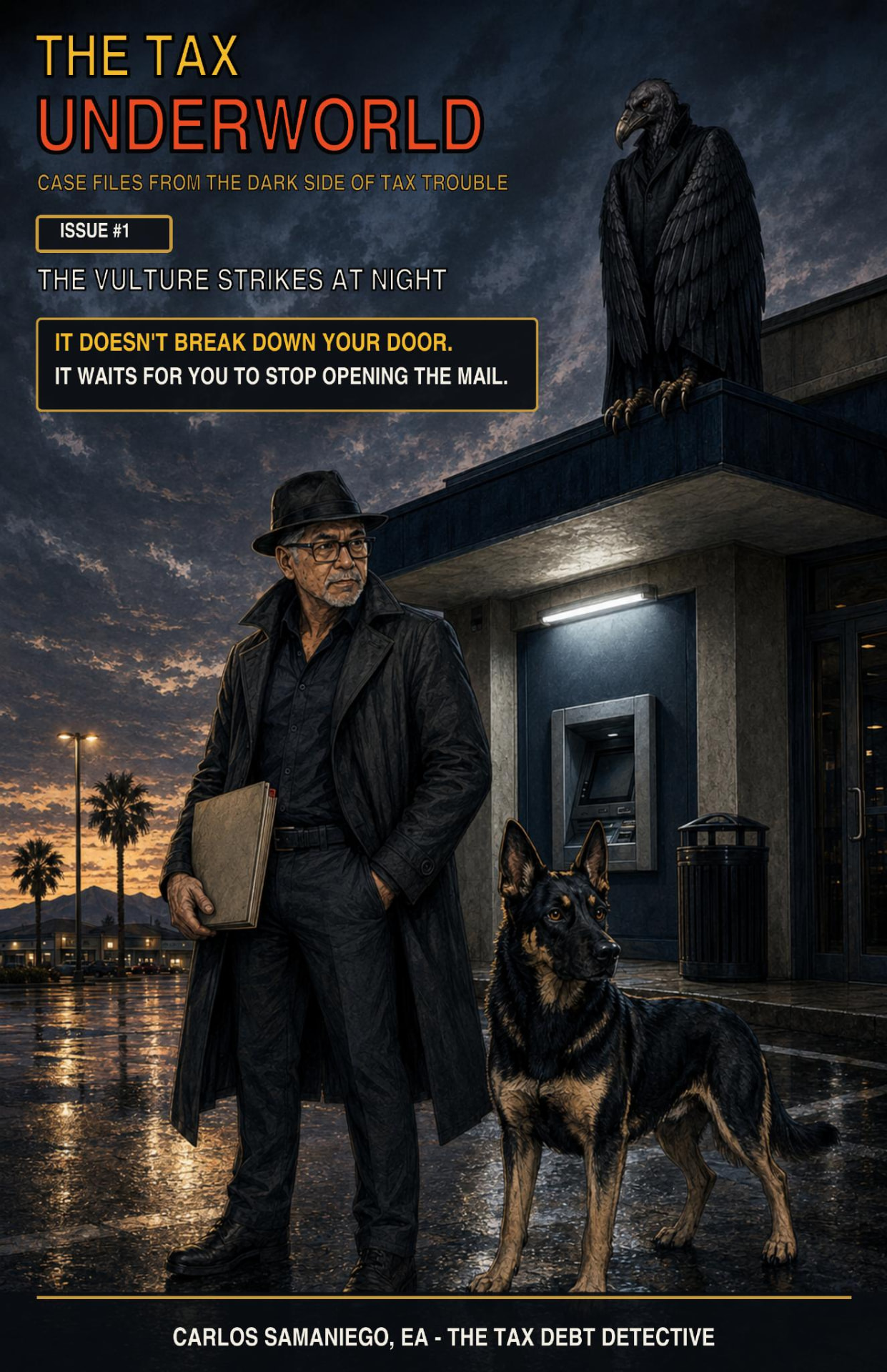 The Tax Underworld Issue #1 cover: Carlos Samaniego in a trench coat with a German Shepherd outside a rain-soaked bank at night, a vulture perched above the ATM