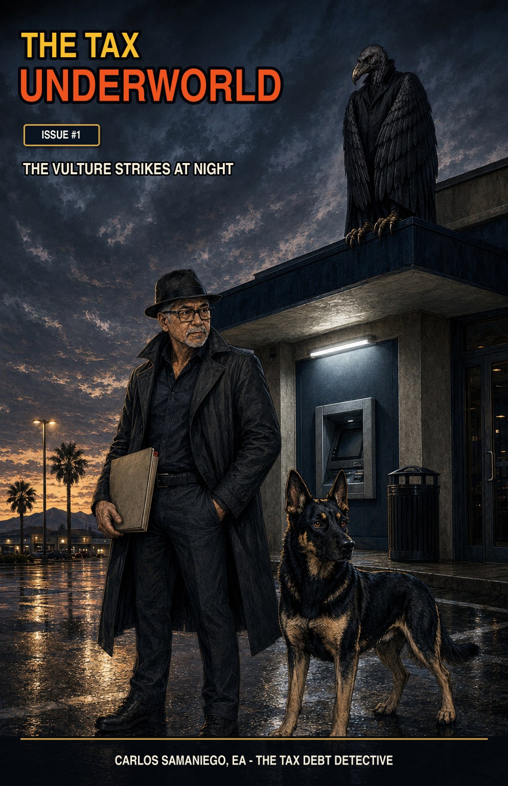 The Tax Underworld Issue #1 cover: Carlos Samaniego in a trench coat with a German Shepherd outside a rain-soaked bank at night, a vulture perched above the ATM