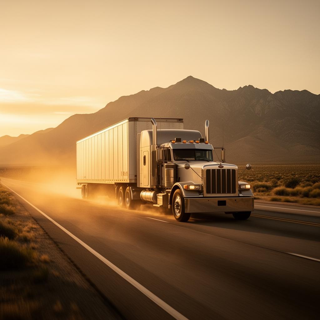 Semi-truck on American highway at golden hour