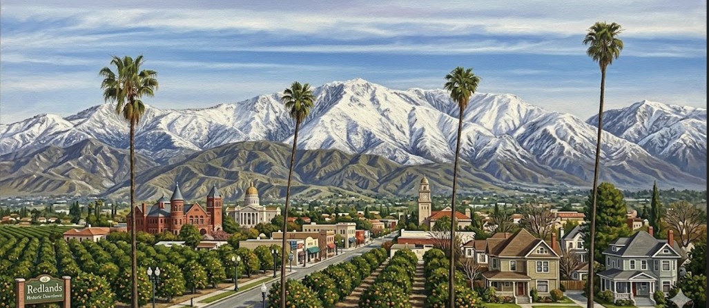 Redlands, California with snow-capped mountains