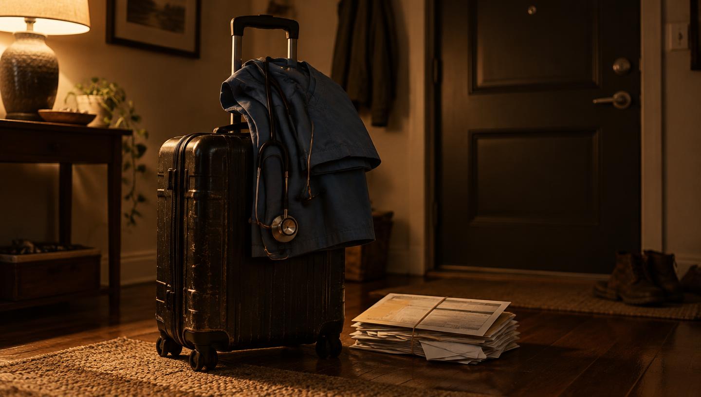 A rolling suitcase with folded scrubs and a stethoscope resting on the handle, beside a stack of unopened envelopes and tax forms on the floor of a dim entryway